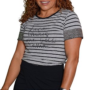 Camiseta T-Shirt Feminina Listrada Faça mais o que você ama - Mescla/preta