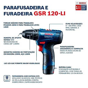 Parafusadeira Furadeira Bateria 12V GSR 120-LI Bosch Bivolt