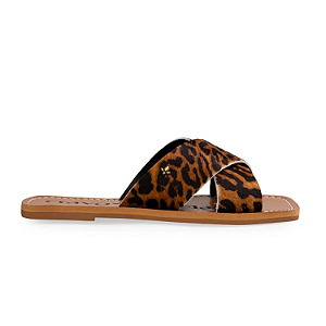 Tamanco Rasteiro Cravo e Canela  Ref. 1881 Cabedal Couro Pelo Scalle Leopard Medium Brown