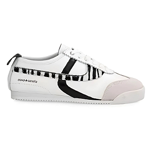Tênis Cravo e Canela Kin 1495 em couro Cores: Branco com Camurcao Alvejada/Pelo Zebra/Metalizado Preto