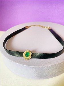 Choker Couro Cristal Verde