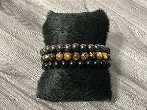 Pulseira Masculina Pedra 8mm Olho De Tigre Ônix e Hematita