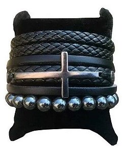 Combo 3 Pulseira Masculina Feminina Couro Cruz Crucifixo