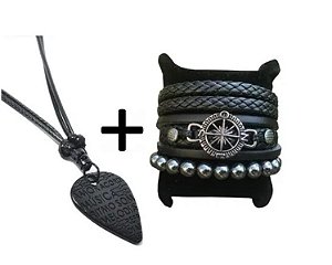 Pulseira Masculina Combo Bússola + Colar Palheta Allblack