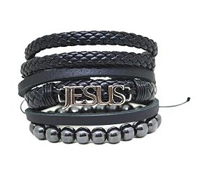 Pulseira Masculina Jesus Gospel Pedra Hematita Kit 3 Combo