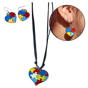 Kit Colar e Brincos Coração Símbolo Autismo Quebra Cabeça