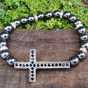 Pulseira Hematita Cruz Cravejada Luxo Glamour Proteção Nova Adicionar