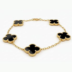 Pulseira Trevo Preto Aço Inox Dourado Premium Alhambra Luxo