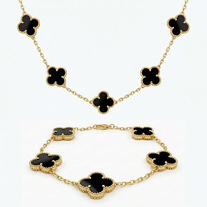 Kit Colar e Pulseira Trevo Preto Aço Inox Dourado Premium