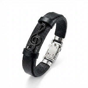 Pulseira Allblack Clave De Sol Preta Nota Musical De Couro