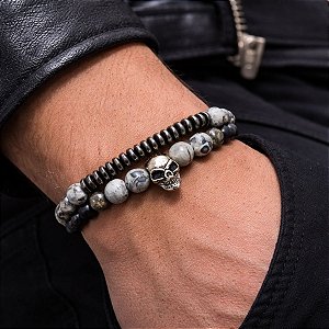 Kit 2 Pulseiras Masculinas Ônix Hematita Jaspe Caveira