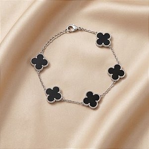Pulseira Aço Trevo Preto - Prateado