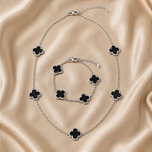 Kit Colar e Pulseira Trevo Preto Prateado