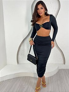 Conjunto Cropped e Saia Preto