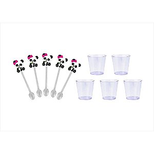 300 mini colheres + 300 copos 25 ml Panda menina - Envio Imediato