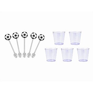 50 mini colheres + 50 copinhos 25 ml Futebol - Envio Imediato