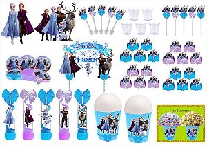 Kit festa decorado  Frozen 2 (azul e lilás) 105 peças (10 pessoas)