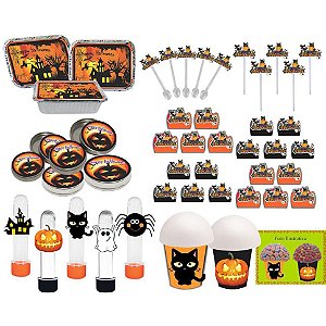 Kit festa Halloween (laranja e preto) 160 peças (20 pessoas)