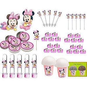 Kit festa Minnie Baby rosa 265 peças (30 pessoas)