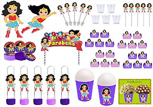 Kit festa Mulher Maravilha Baby (lilás roxo) 105 peças (10 pessoas)