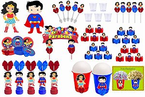 Kit festa Mulher Maravilha Baby e Super Man Baby 105 peças (10 pessoas)