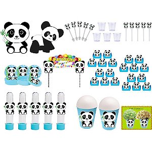 Kit festa Panda Menino (azul claro) 105 peças (10 pessoas)