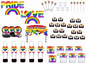 Kit Festa Pride LGBTQIA+ 113 pçs (10 pess) painel e cx preto