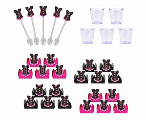 50 forminhas, 50 mini colheres e 50 copinhos Chá de Lingerie (pink e preto)