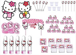 Kit Festa Hello Kitty rosa 113 peças (10 pessoas) painel e cx