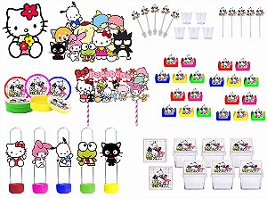 Kit Festa Hello Kitty e Amigos 113 peças (10 pessoas) painel e cx