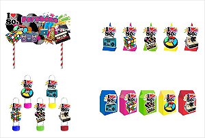 Kit Festa Anos 80 colorido 31 peças (10 pessoas) cone milk