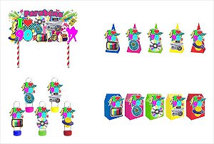 Kit Festa Anos 90 colorido 16 peças (5 pessoas) cone milk