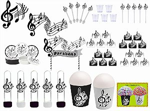 Kit Festa Música Preto e Branco 105 peças (10 pessoas)