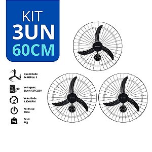 Kit 3 Ventilador de Parede Oscilante 60cm 200w Bivolt Preto Ventisol