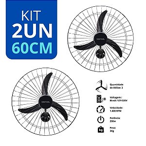 Kit 2 Ventilador de Parede Oscilante 60cm 200w Bivolt Preto Ventisol