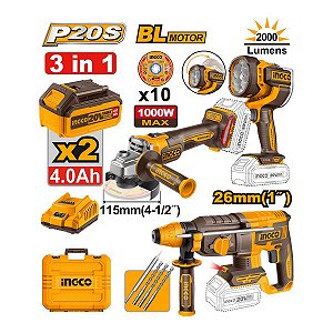 Combo 3 Ferramentas 20V Brushless Esmerilhadeira Martelete Lanterna 2x4Ah Ingco