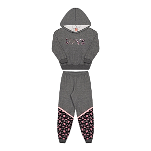 Conjunto feminino moletom com capuz estampa Love com aplicações