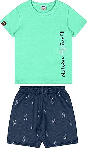 Conjunto masculino camiseta meia malha e bermuda moletinho estampa pranchas