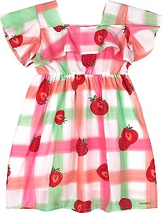 Vestido em tricoline estampa morangos