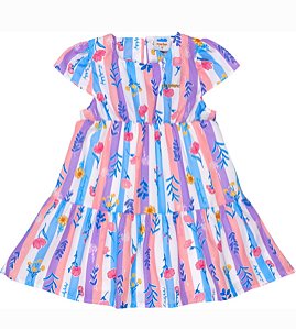 Vestido em tricoline listrado floral