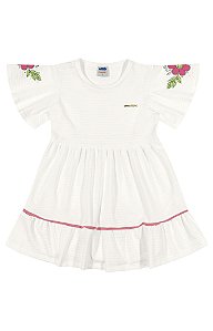 Vestido branco em cotton maquinetado com detalhes nas mangas