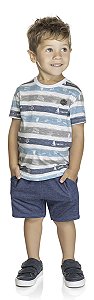 Conjunto masculino camisa listrada estampa estilo naval e shorts em molecotton jeans