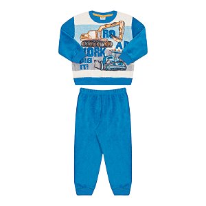 Conjunto masculino casaco e calça em pelinhos na cor azul com estampa trator