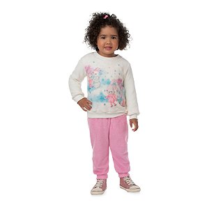 Conjunto feminino casaco e calça em pelinhos estampado, com aplicações