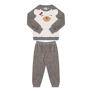 Conjunto feminino casaco e calça em pelinhos estampa ursinho