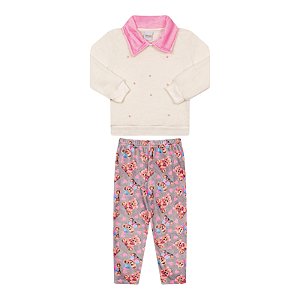 Conjunto feminino em pelinhos com elastano e aplicações de pérolas