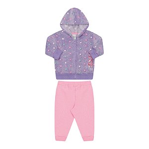 Conjunto feminino casaco em pelinhos com capuz e calça em moletom