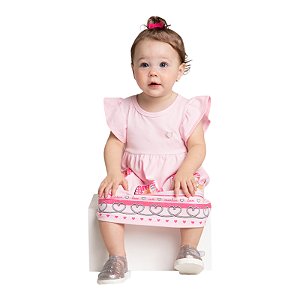 Vestido ursinhos e corações na cor rosa