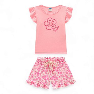 Conjunto blusa em meia malha com bordado e shorts em cotton maquinetado