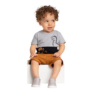 Conjunto em meia malha e shorts em moletinho Jet estampa dinos
